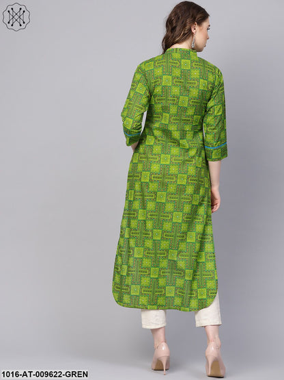 Green Geometric Printed With Closed Collar And Side Placket