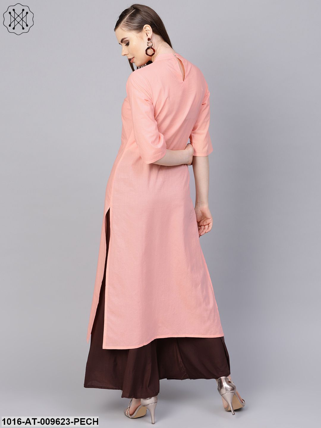 Solid Peach Kurta With Closed Collar And Pleats In Yoke