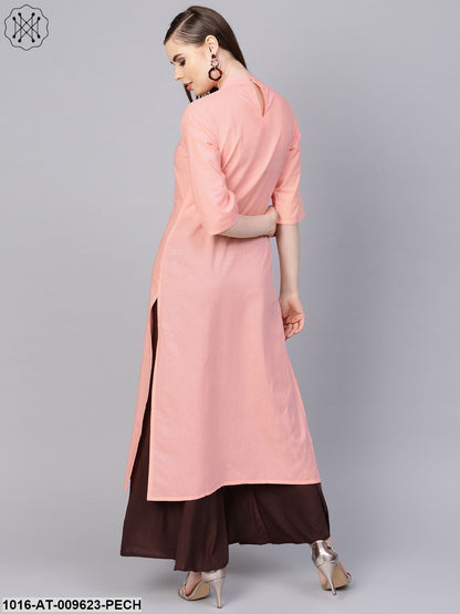 Solid Peach Kurta With Closed Collar And Pleats In Yoke