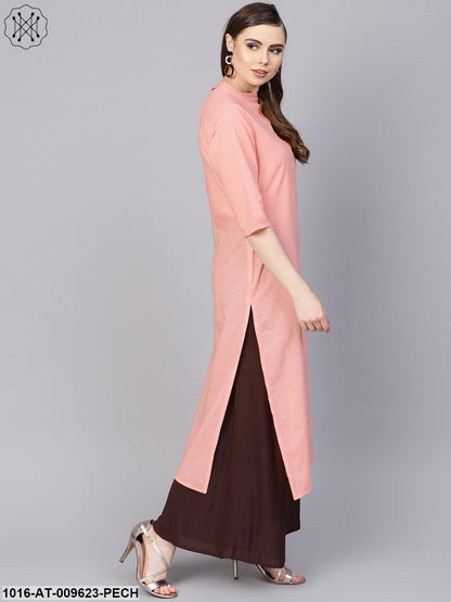 Solid Peach Kurta With Closed Collar And Pleats In Yoke
