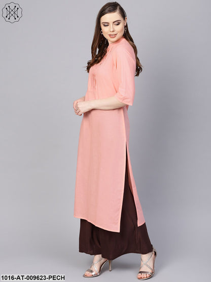 Solid Peach Kurta With Closed Collar And Pleats In Yoke