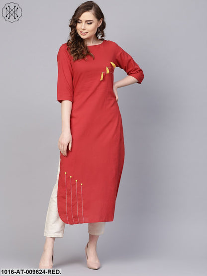 Solid Red Kurta With Thread Stitch And Tassels Detailing With A Round Neck And 3/4Th Sleeves