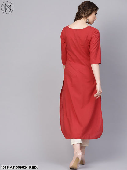 Solid Red Kurta With Thread Stitch And Tassels Detailing With A Round Neck And 3/4Th Sleeves