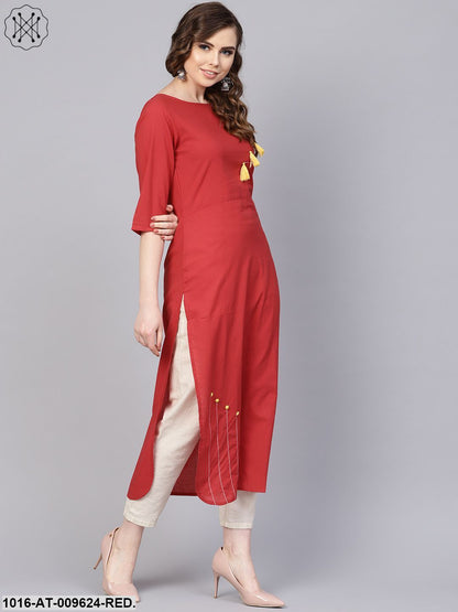 Solid Red Kurta With Thread Stitch And Tassels Detailing With A Round Neck And 3/4Th Sleeves