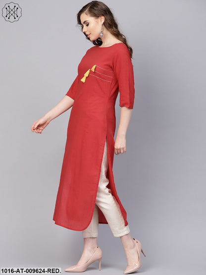 Solid Red Kurta With Thread Stitch And Tassels Detailing With A Round Neck And 3/4Th Sleeves
