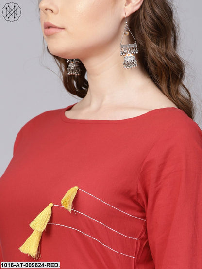 Solid Red Kurta With Thread Stitch And Tassels Detailing With A Round Neck And 3/4Th Sleeves