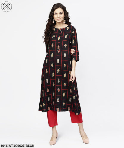 Black Printed 3/4Th Sleeve Cotton Kurta