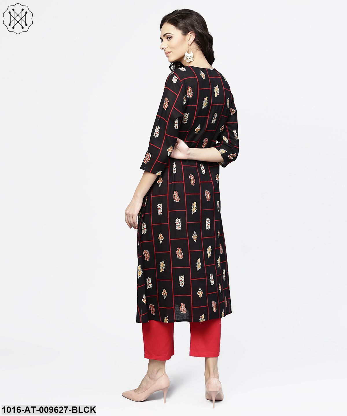 Black Printed 3/4Th Sleeve Cotton Kurta