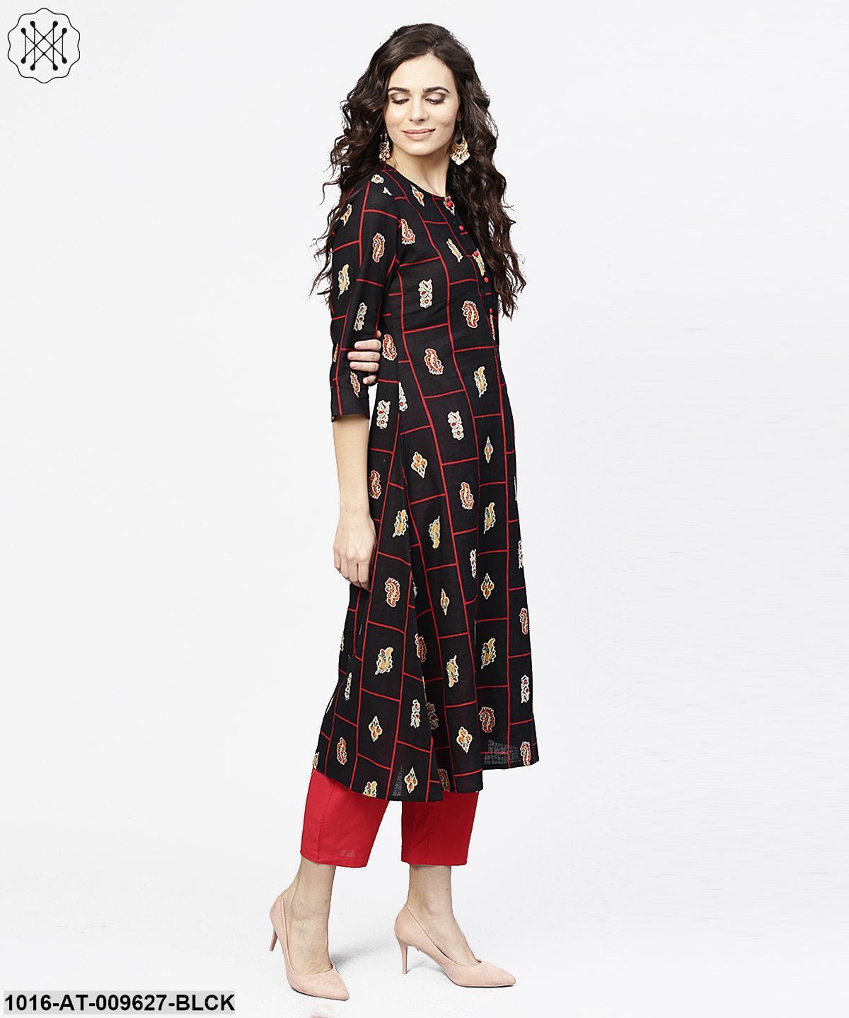 Black Printed 3/4Th Sleeve Cotton Kurta