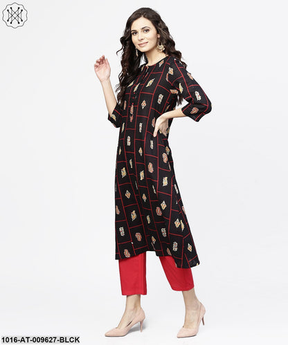 Black Printed 3/4Th Sleeve Cotton Kurta