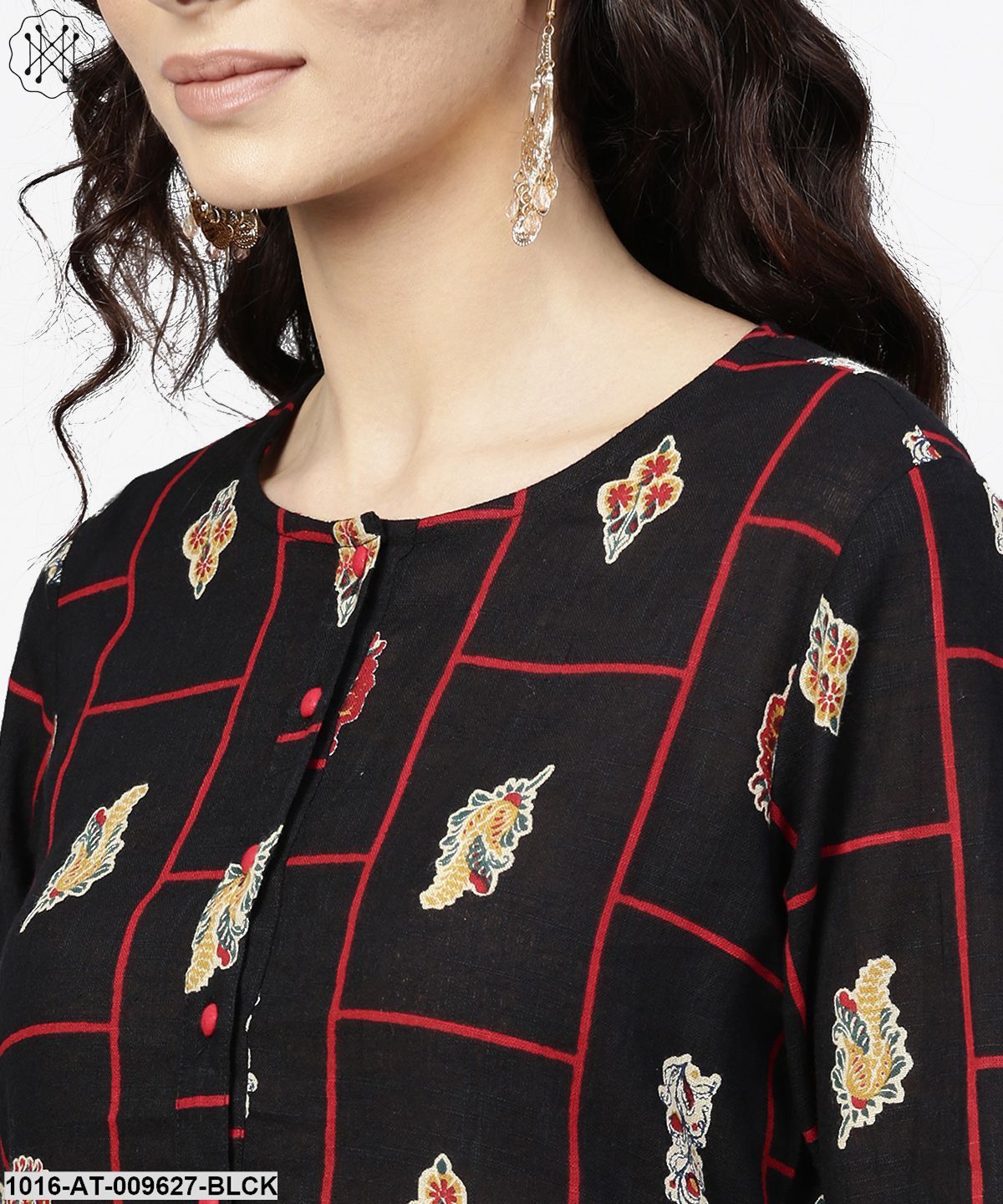 Black Printed 3/4Th Sleeve Cotton Kurta