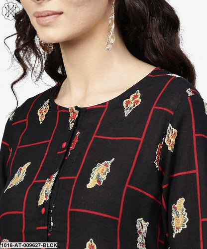 Black Printed 3/4Th Sleeve Cotton Kurta