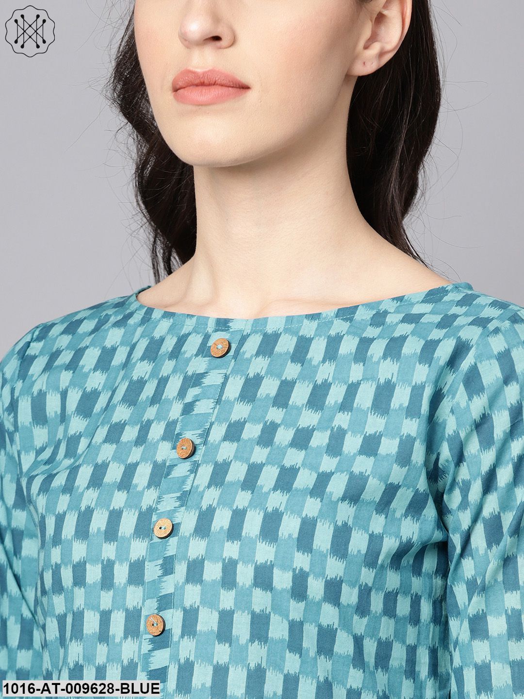 Blue Checked Pleated Kurta With Round Neck & 3/4 Sleeves