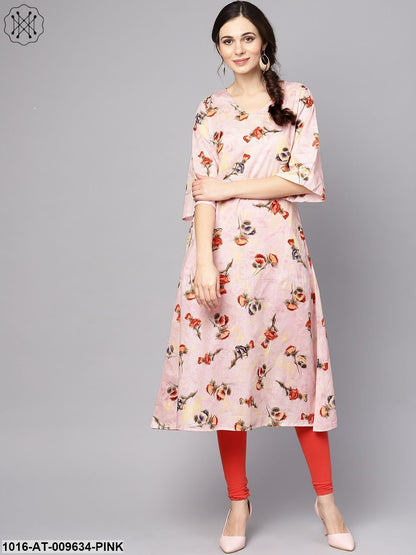 Pastel Pink Floral Printed Kurta With V-Neck & Bell Sleeves