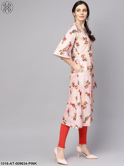 Pastel Pink Floral Printed Kurta With V-Neck & Bell Sleeves