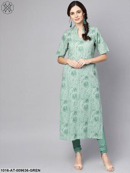 Pastel Green Kurta With Stand Collar & 3/4 Sleeves