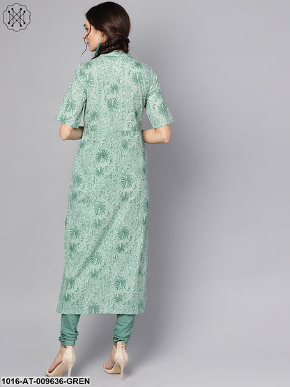 Pastel Green Kurta With Stand Collar & 3/4 Sleeves