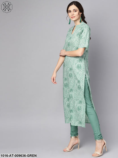 Pastel Green Kurta With Stand Collar & 3/4 Sleeves