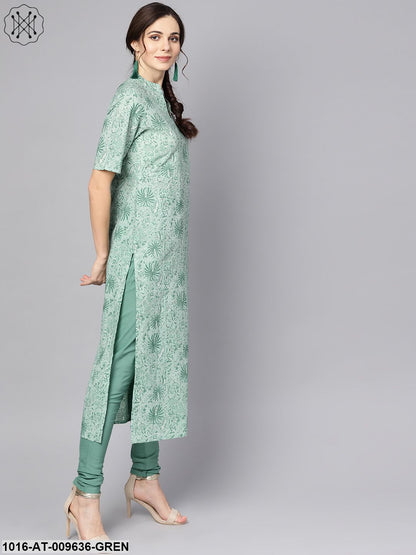 Pastel Green Kurta With Stand Collar & 3/4 Sleeves