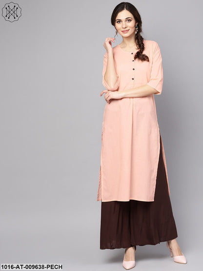 Solid Peach 3/4Th Sleeve Cotton Kurta
