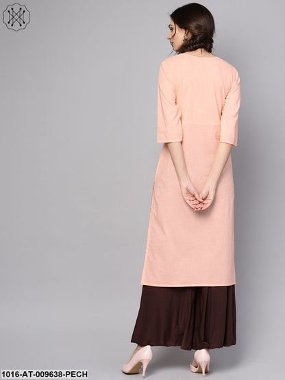 Solid Peach 3/4Th Sleeve Cotton Kurta