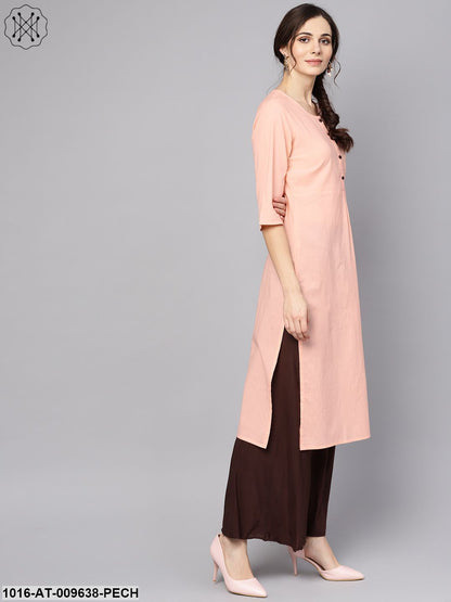 Solid Peach 3/4Th Sleeve Cotton Kurta
