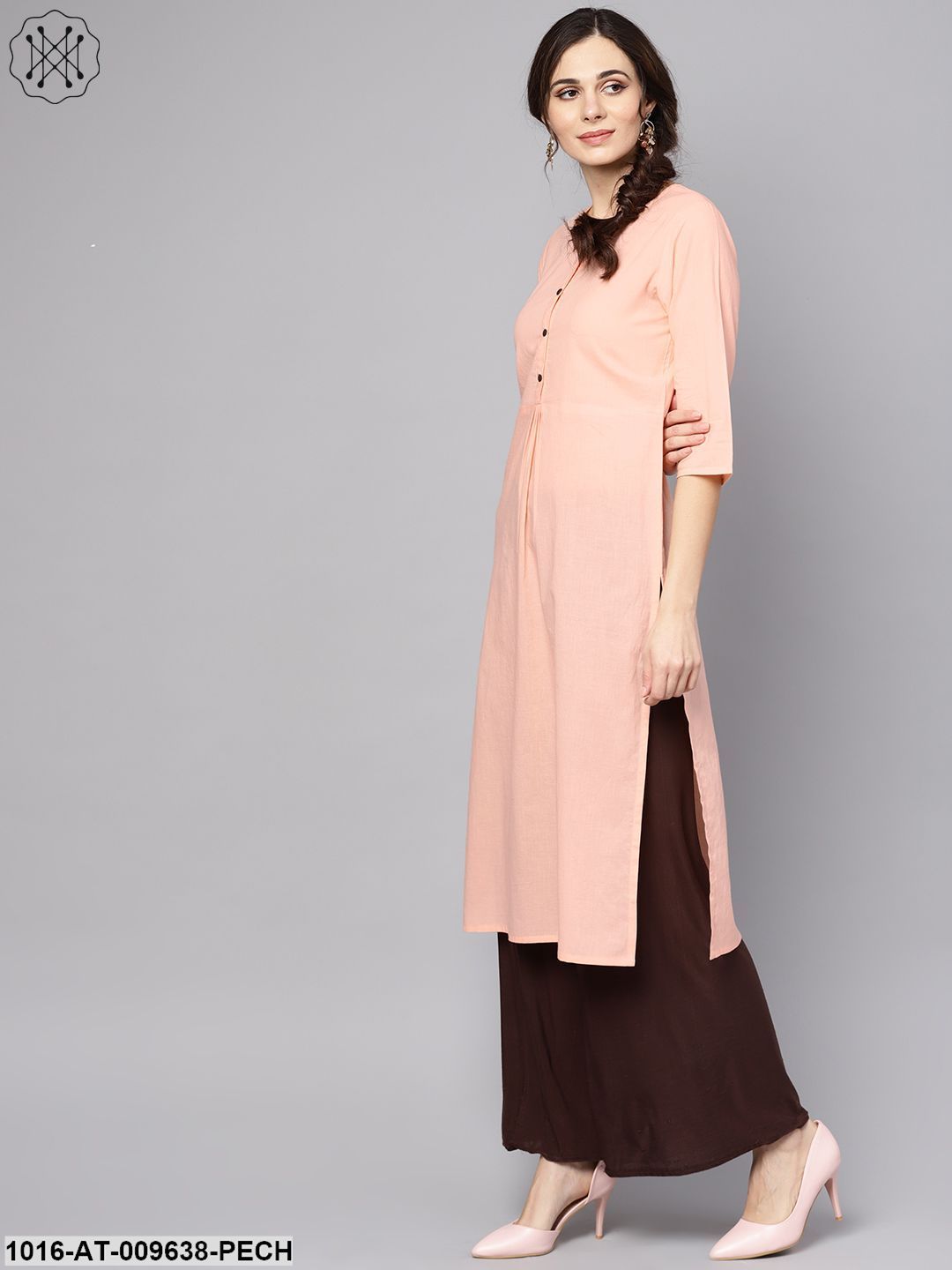 Solid Peach 3/4Th Sleeve Cotton Kurta