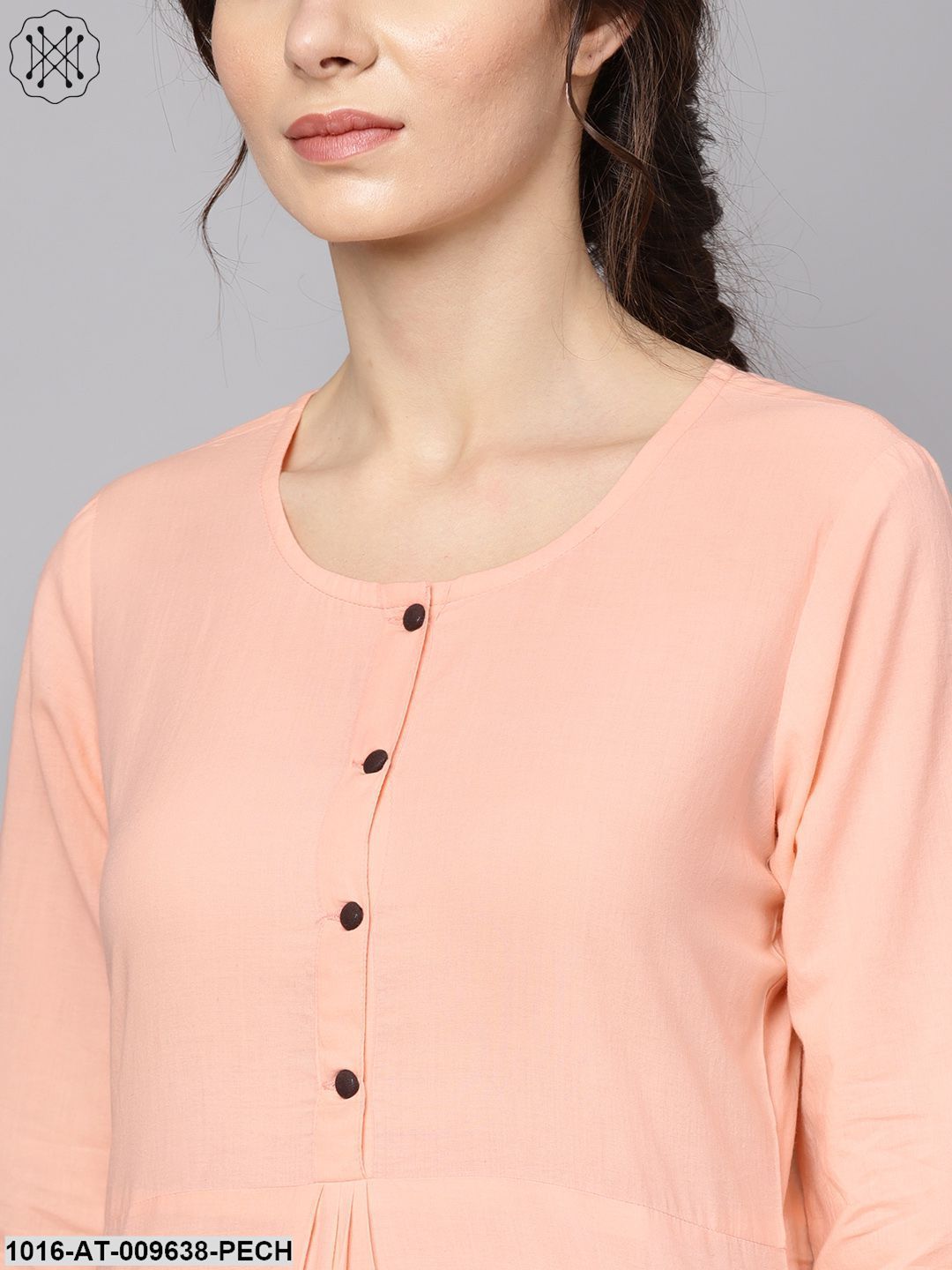 Solid Peach 3/4Th Sleeve Cotton Kurta