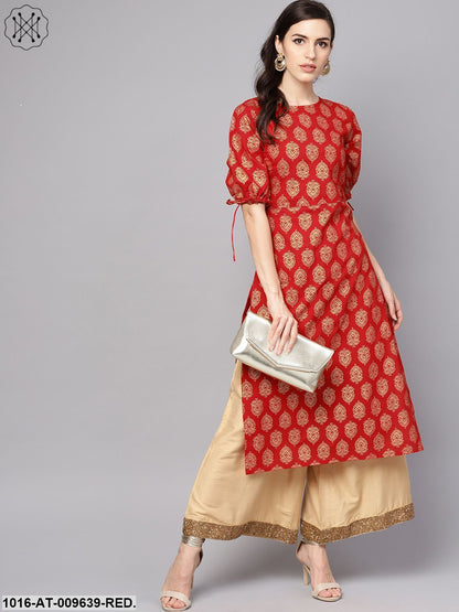 Red Printed Half Sleeve Cotton Straight Kurta