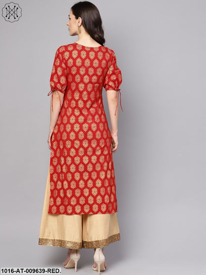 Red Printed Half Sleeve Cotton Straight Kurta