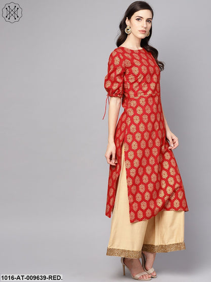Red Printed Half Sleeve Cotton Straight Kurta
