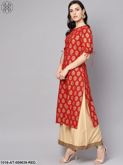 Red Printed Half Sleeve Cotton Straight Kurta