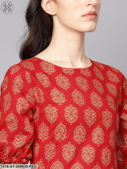 Red Printed Half Sleeve Cotton Straight Kurta