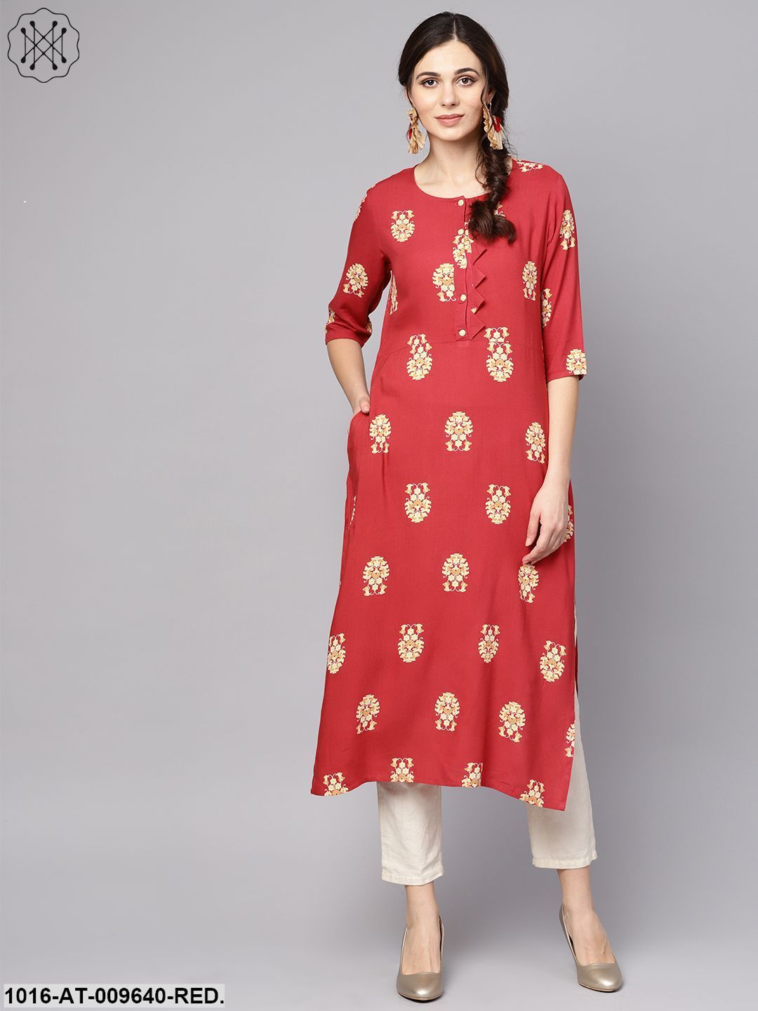 Red Printed Short Sleeve Rayon Straight Kurta