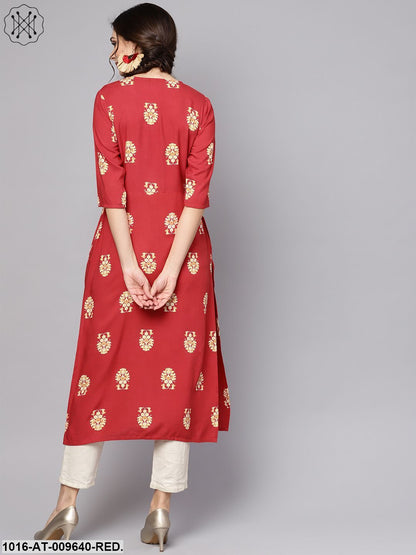 Red Printed Short Sleeve Rayon Straight Kurta