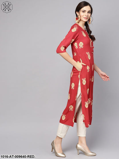 Red Printed Short Sleeve Rayon Straight Kurta