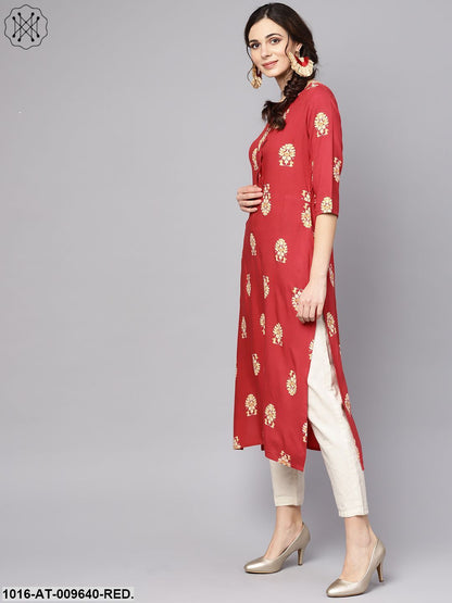 Red Printed Short Sleeve Rayon Straight Kurta