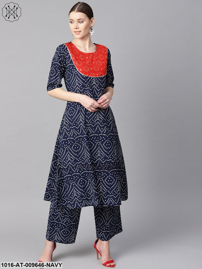 Navy Blue Half Sleeve Bandhni Print Kurta With Front Printed Yoke