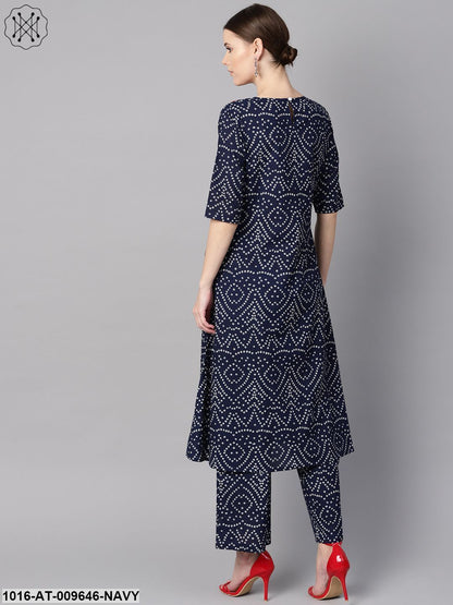 Navy Blue Half Sleeve Bandhni Print Kurta With Front Printed Yoke