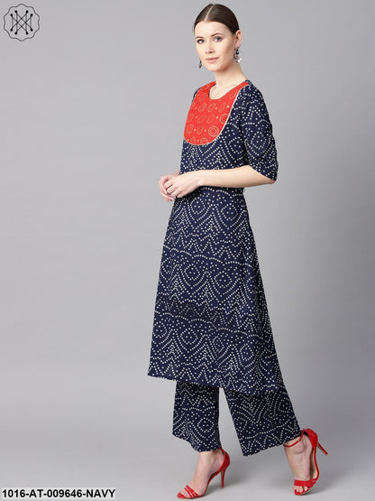 Navy Blue Half Sleeve Bandhni Print Kurta With Front Printed Yoke