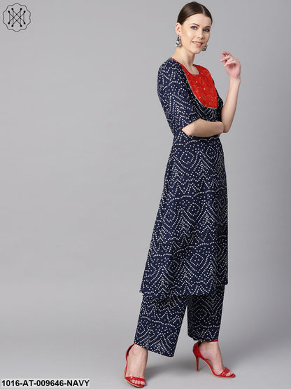 Navy Blue Half Sleeve Bandhni Print Kurta With Front Printed Yoke