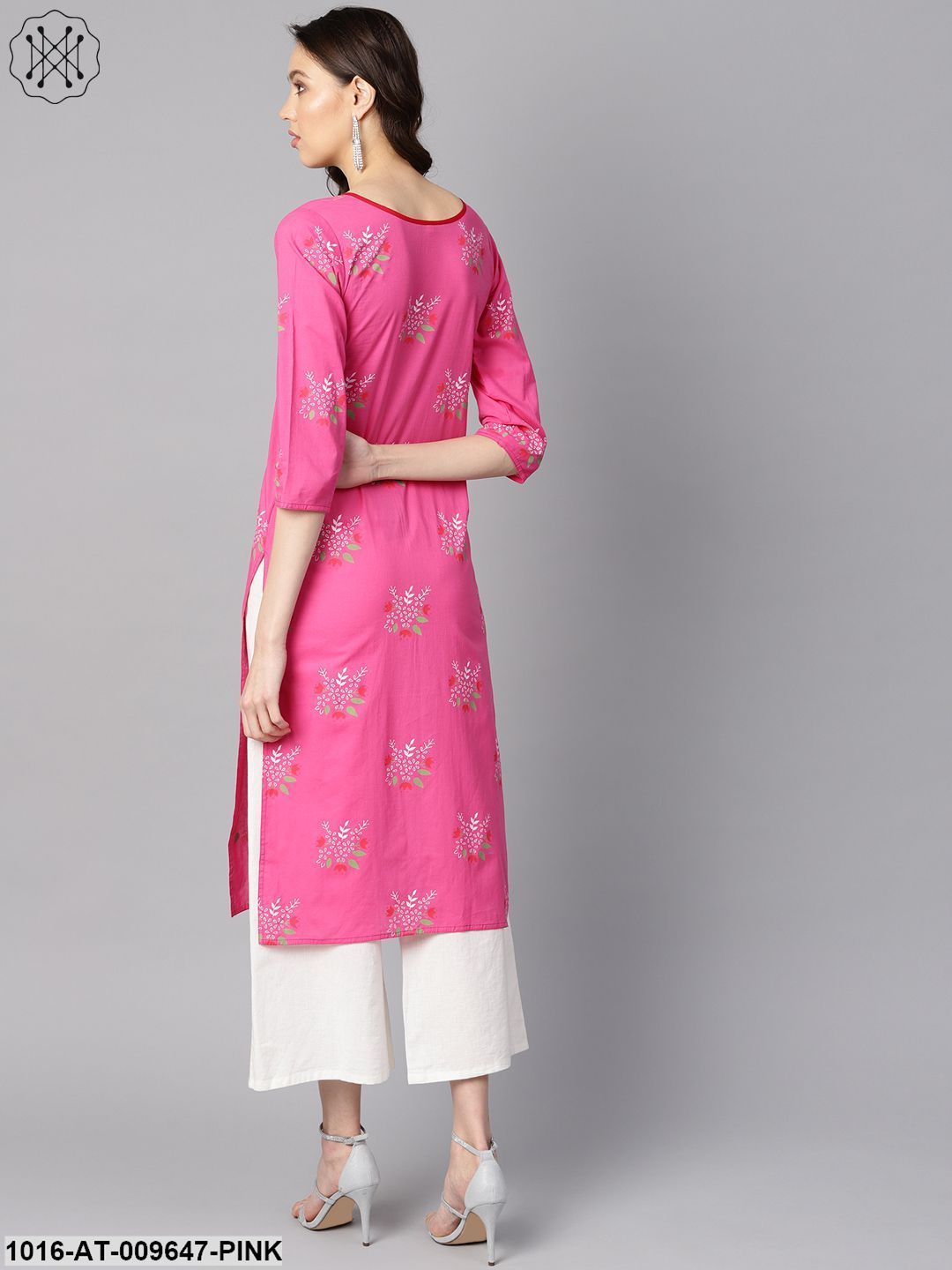 Pink Round Neck Floral Printed Cotton Straight Kurta