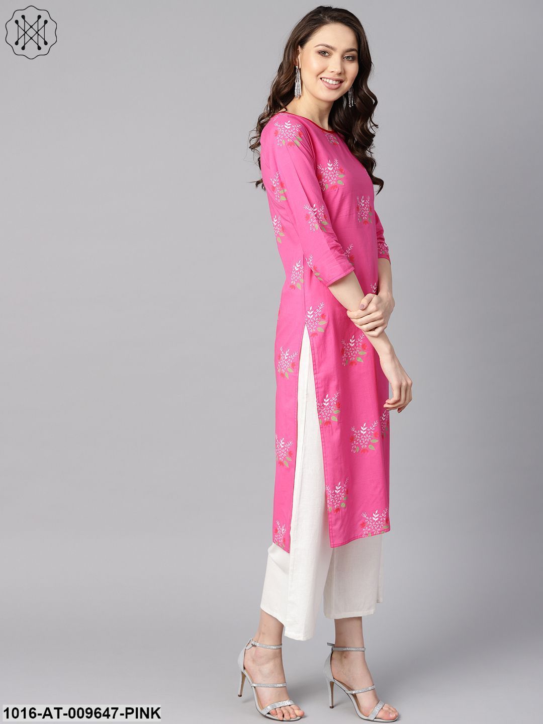 Pink Round Neck Floral Printed Cotton Straight Kurta