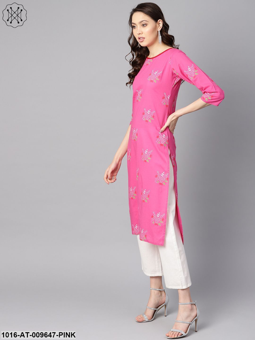 Pink Round Neck Floral Printed Cotton Straight Kurta