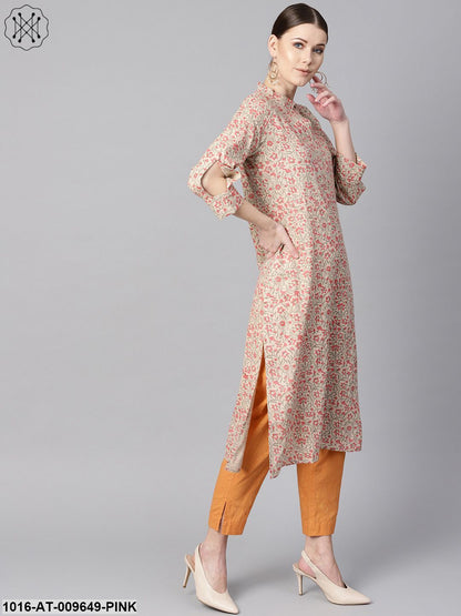 Floral Printed Straight Kurta With 3/4 Sleeves And Cut-Out Detailing