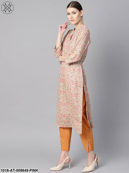 Floral Printed Straight Kurta With 3/4 Sleeves And Cut-Out Detailing