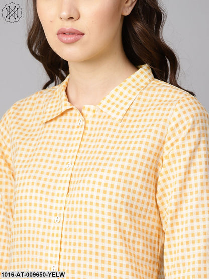 Yellow & White Checked Kurta With Shirt Collar & 3/4 Sleeves