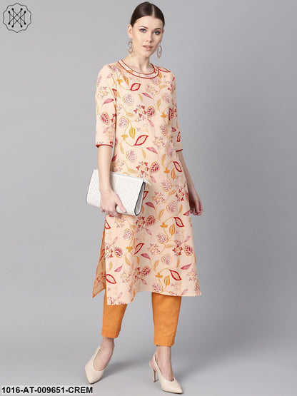 Cream Floral Printed Straight Kurta With Round Neck & 3/4 Sleeves