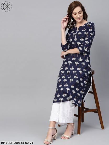 Navy Blue 3/4Th Sleeve Cotton Straight Kurta