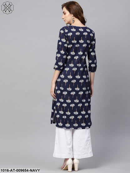 Navy Blue 3/4Th Sleeve Cotton Straight Kurta